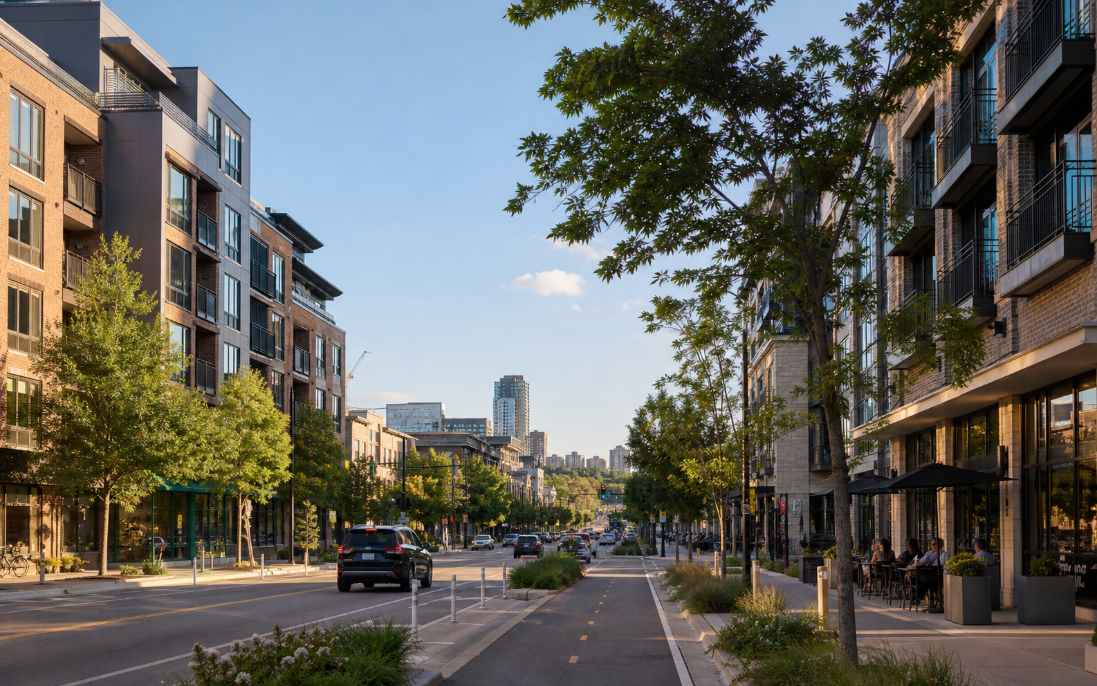 A walkable mixed-use neighborhood with new homes and storefronts